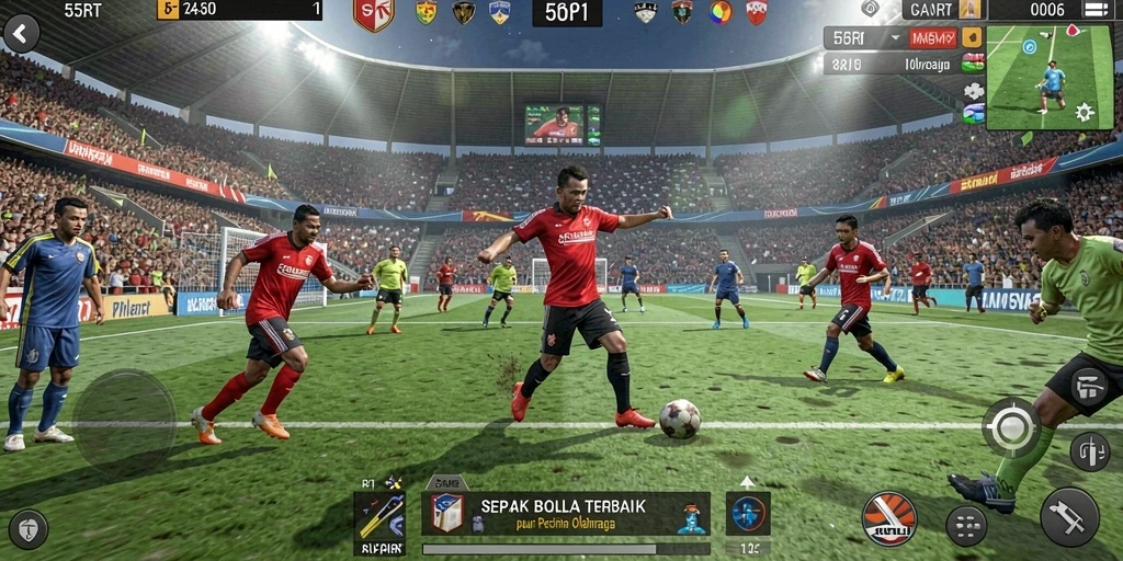 Screenshot utama 55RT menampilkan aksi sepak bola yang mendebarkan.