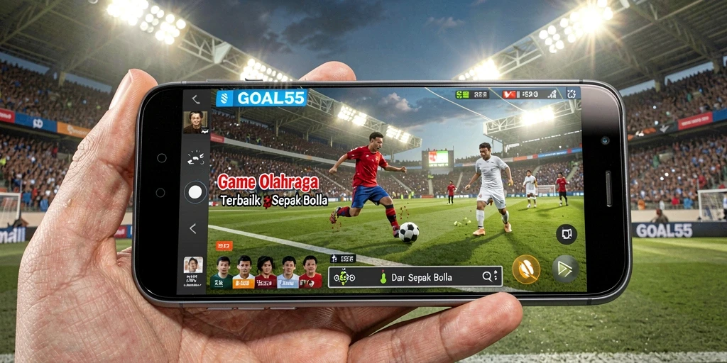 Screenshot gameplay GOAL55 menampilkan aksi seru pertandingan sepak bola.