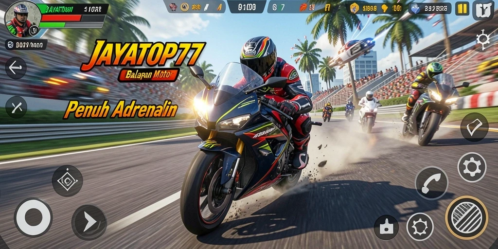 Screenshot gameplay JAYATOP77 menampilkan balapan motor yang mendebarkan.