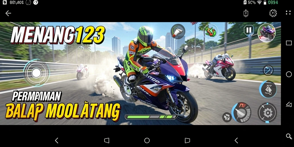 Tampilan gameplay seru dalam MENANG123 dengan balapan motor yang mendebarkan.