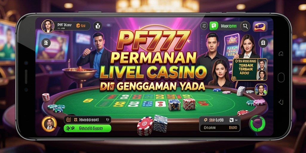 Tampilan screenshot utama PF777 menunjukkan dealer langsung dalam permainan Live Casino yang seru.