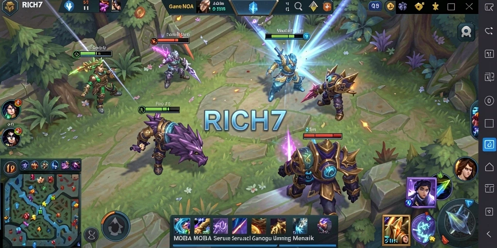 Screenshot RICH7 menampilkan aksi tim dalam pertarungan MOBA.