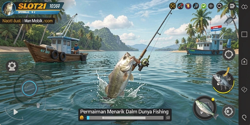 Tampilan gameplay SLOT21 dengan aksi menangkap ikan yang mendebarkan.