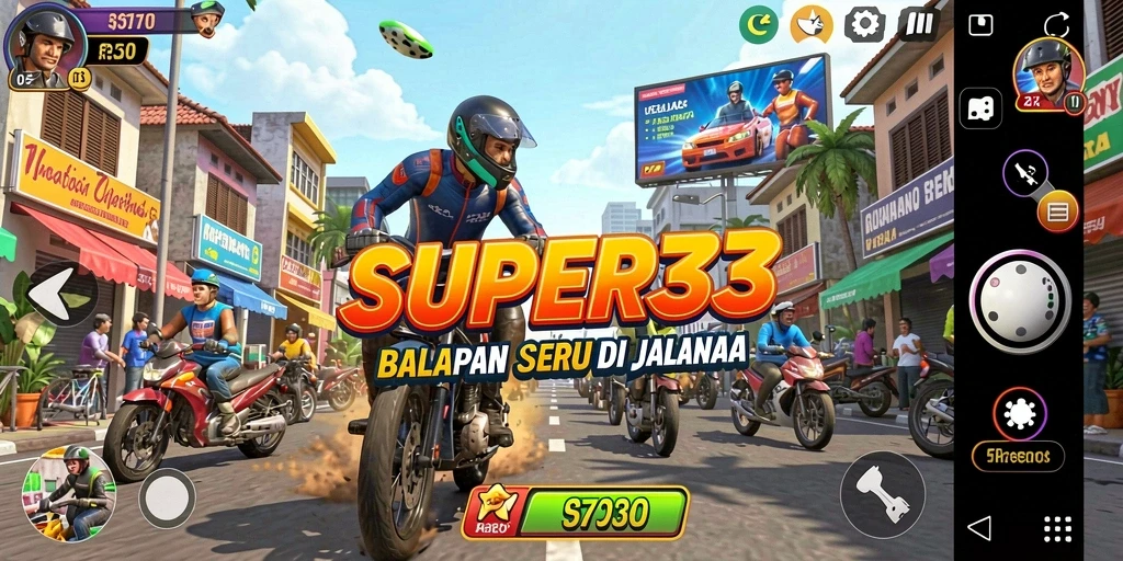 Tampilan gameplay SUPER33 dengan aksi balapan yang mendebarkan.