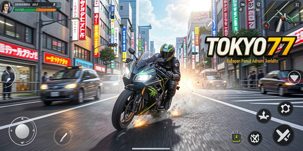Screenshot gameplay TOKYO77 menampilkan balapan motor yang cepat dan mendebarkan.