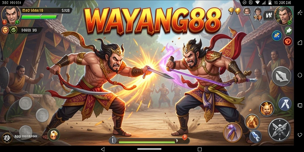 Menampilkan aksi seru dengan karakter wayang berperang.