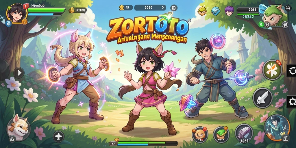 Tampilan dinamis gameplay ZORTOTO dengan karakter anime menarik.